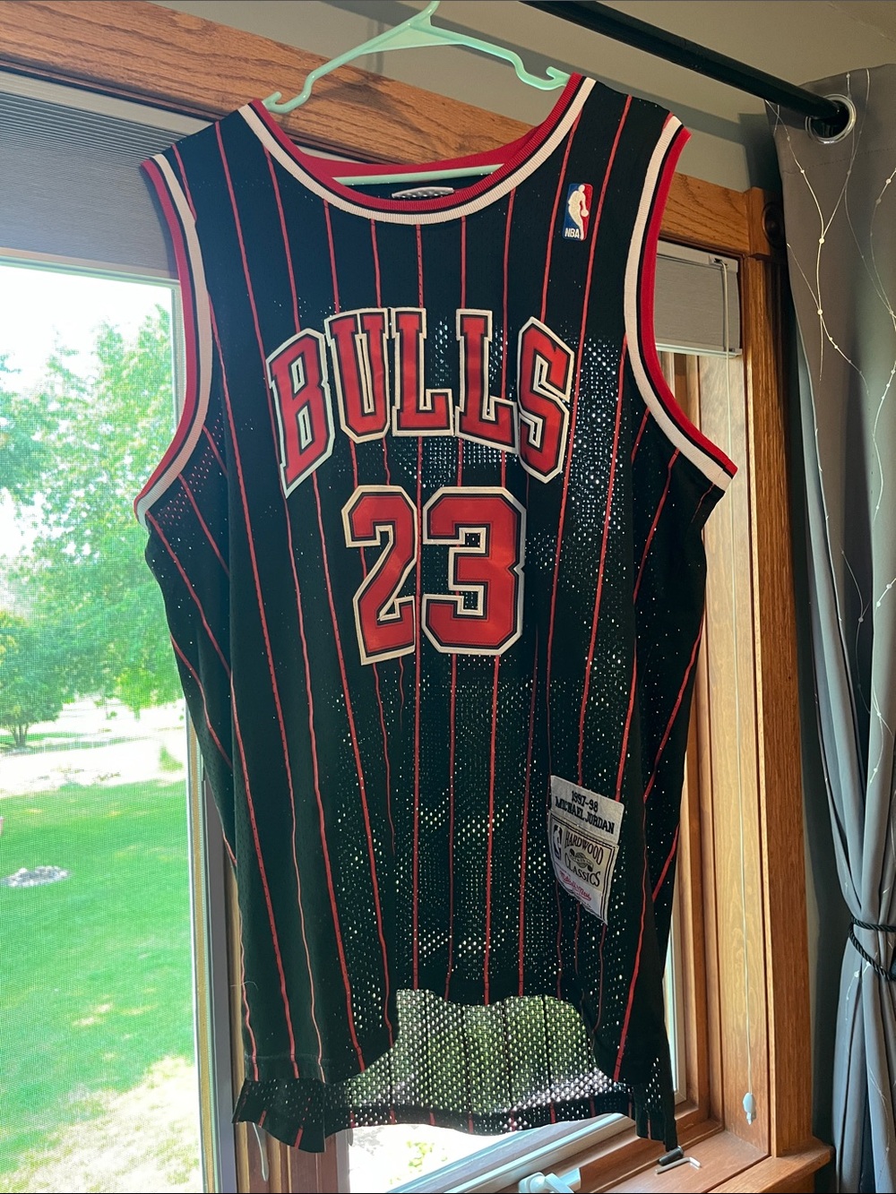 Mitchell & Ness Chicago Bulls Black and Red #23 Jersey - Pinstripe